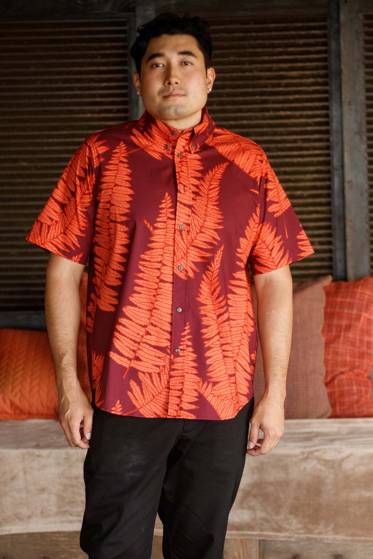 Men's Aloha Shirt Pōhaku in Ember Glow Kupukupu — Front View | Kahulaleʻa